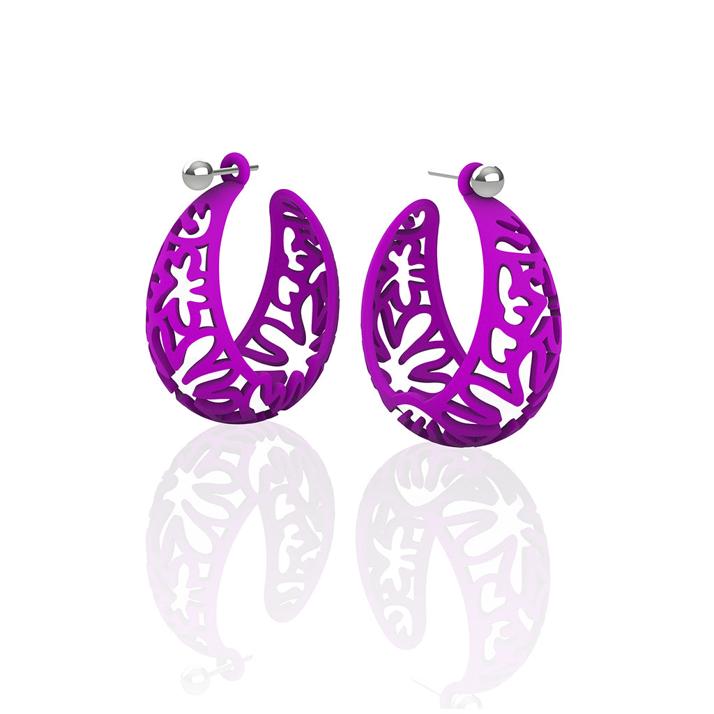 MATISSE inspired  PURPLE,  CORAL CUTOUT HOOP earrings.  SIZE:  MED, 1.25 inch diameter.  Material:  Nylon   Posts:  sterling or 14/20 goldfill, ARTIST:  Ree Gallagher