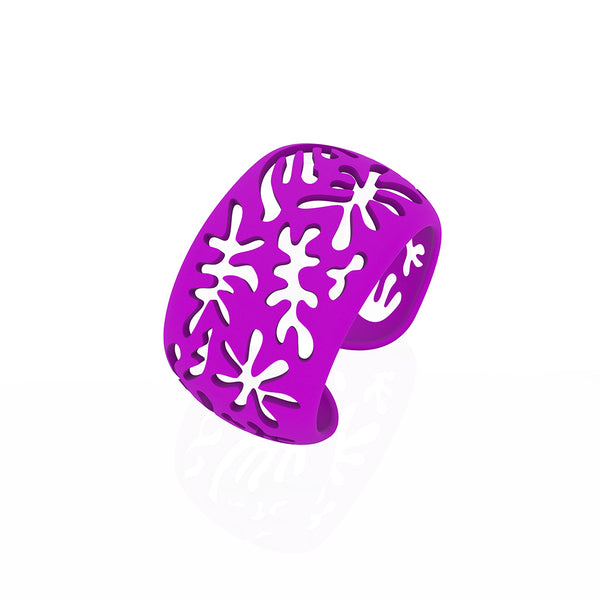 CORAL cutout CUFF bracelet inspired by artist Henri Matisse.  Color is  PURPLE.  Measures 1.5 inches wide.  ONE SIZE fits most .  Made of lightweight nylon