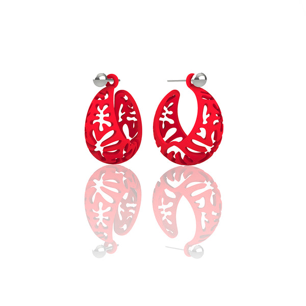 MATISSE inspired  red,  CORAL CUTOUT HOOP earrings.  SIZE:  SMALL, 0.75 inch or 22mm diameter.  Material:  3D printed Nylon   Posts:  sterling or 14/20 goldfill ARTIST:  Ree Gallagher, USA