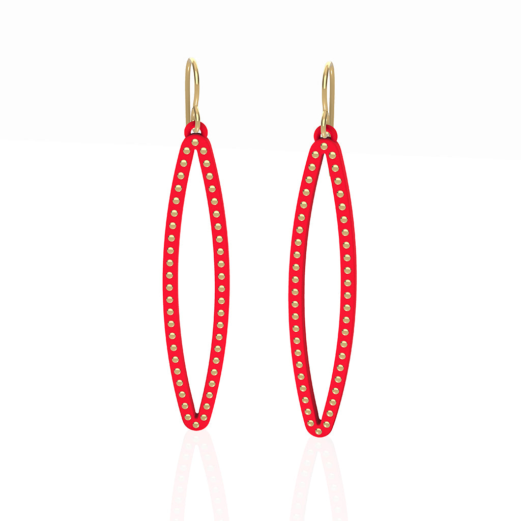 OVAL earrings  SIZE:  MEDIUM ( 2inches long)  with  14/20  goldfill  studs along shape  COLOR: red   MATERIAL: 3D printed Nylon  ARTIST: Ree Gallagher, USA