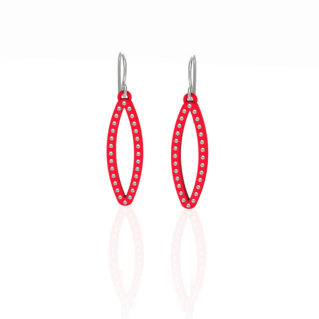 OVAL earrings  SIZE:  SMALL  ( 1.25 inches long)  with  sterling silver  studs along shape  COLOR:   red   MATERIAL: 3D printed Nylon  ARTIST: Ree Gallagher, USA