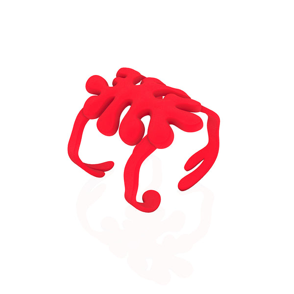 MATISSE puffy CUFF bracelet  COLOR:  RED coral  2.75" wide  MATERIAL:  Nylon  ARTIST:  Ree Gallagher