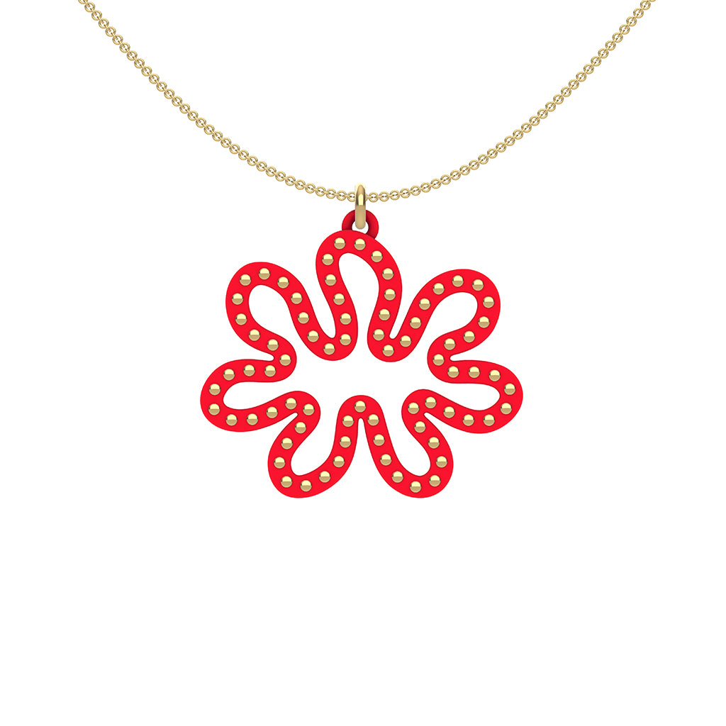 MATISSE.cutout  CORAL pendant  STYLE:  3 , oriented horizontally with 14/20  goldfill  studs along shape  COLOR:   red    MATERIAL:  3D printed Nylon  ARTIST:  Ree Gallagher, USA