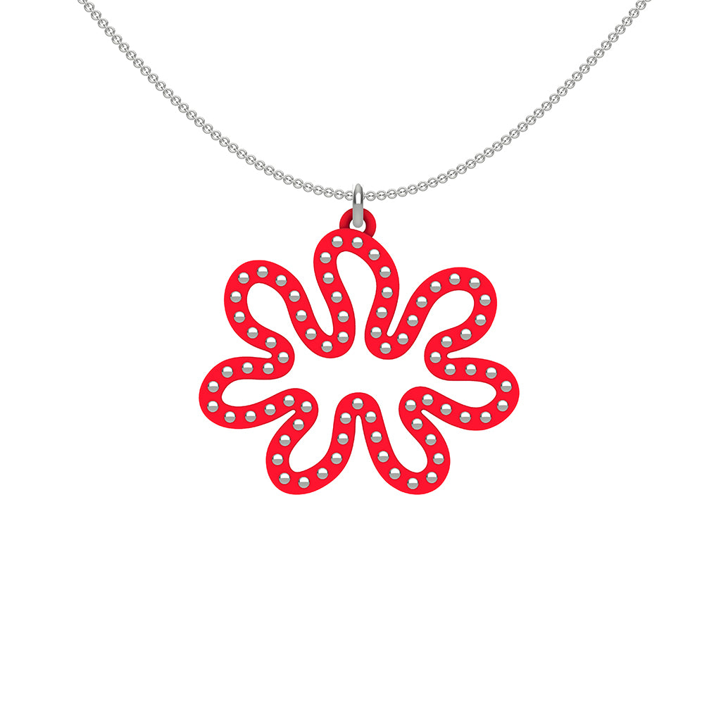 MATISSE.cutout  CORAL pendant  STYLE:  3 , oriented horizontally with sterling silver studs along shape  COLOR:   red    MATERIAL:  3D printed Nylon  ARTIST:  Ree Gallagher, USA