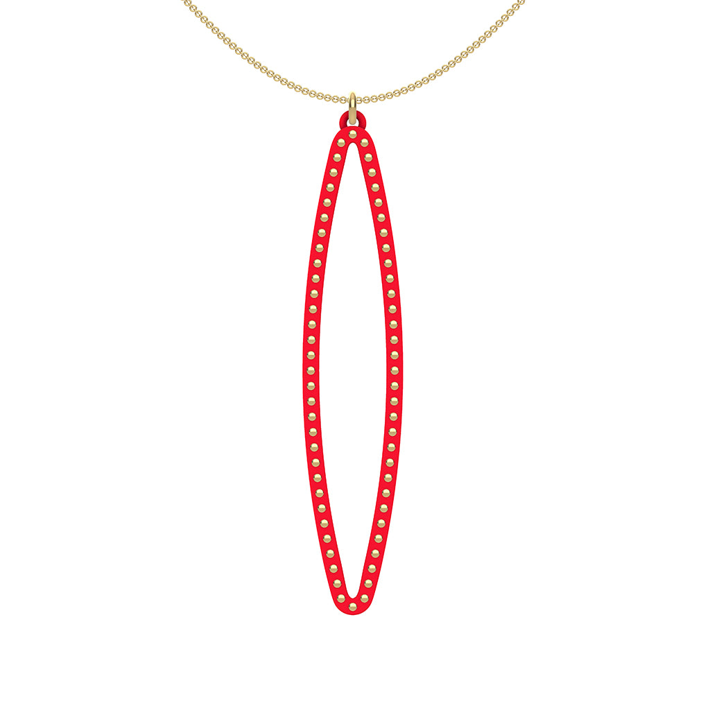OVAL pendant  LARGE  ( 2.75 inches long)  with  14/20 goldfill studs along shape  COLOR: RED  MATERIAL: 3D printed Nylon  ARTIST: Ree Gallagher, USA