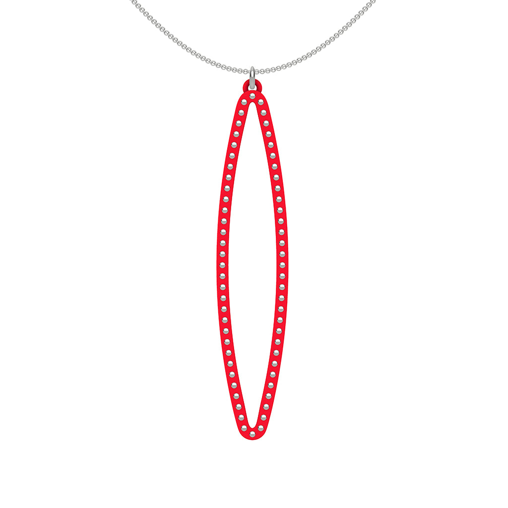 OVAL pendant  LARGE  ( 2.75 inches long)  with  sterling silver studs along shape  COLOR: RED  MATERIAL: 3D printed Nylon  ARTIST: Ree Gallagher, USA