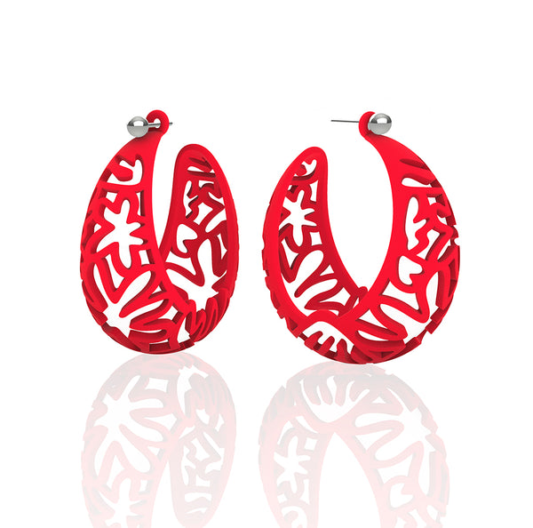 MATISSE inspired RED CORAL CUTOUT HOOP earrings.  1.625 inch diameter.  Material:  Nylon   Posts:  sterling or 14/20 goldfill