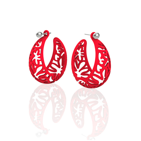 MATISSE inspired  RED,  CORAL CUTOUT HOOP earrings.  SIZE:  MED, 1.25 inch diameter.  Material:  Nylon   Posts:  sterling or 14/20 goldfill, ARTIST:  Ree Gallagher