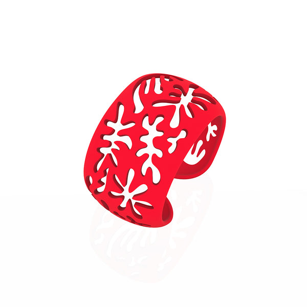 CORAL cutout CUFF bracelet inspired by artist Henri Matisse.  Color is  RED.  Measures 1.5 inches wide.  ONE SIZE fits most .  Made of lightweight nylon