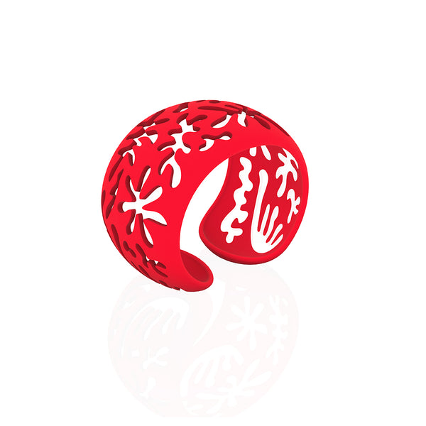 CORAL cutout CUFF bracelet inspired by artist Henri Matisse.  Color is  RED.  Measures 1.5 inches wide.  ONE SIZE fits most .  Made of lightweight nylon