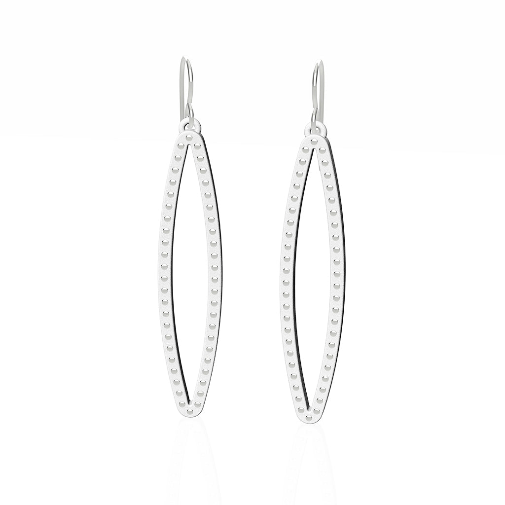 OVAL earrings  SIZE:  MEDIUM ( 2inches long)  with  sterling  silver  studs along shape  COLOR: white   MATERIAL: 3D printed Nylon  ARTIST: Ree Gallagher, USA