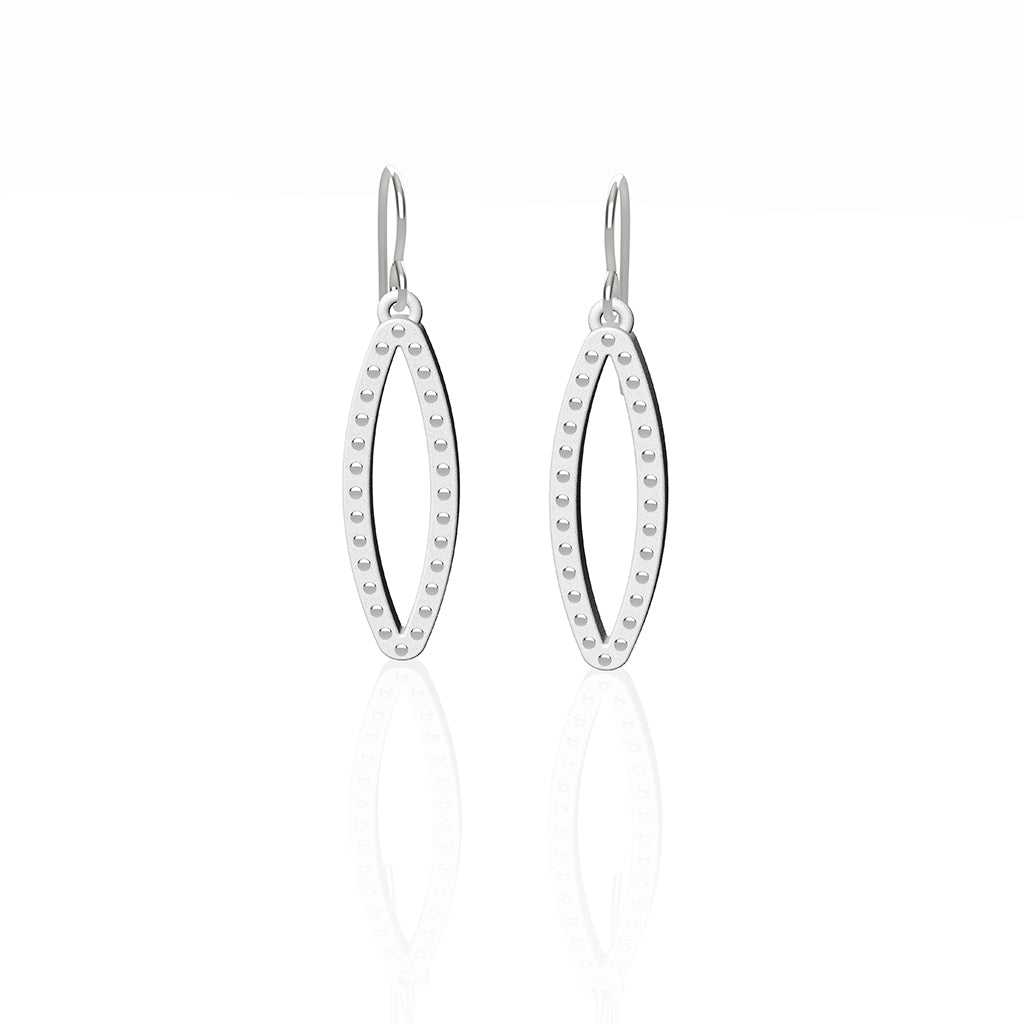 OVAL earrings  SIZE:  SMALL  ( 1.25 inches long)  with  sterling silver  studs along shape  COLOR:   white   MATERIAL: 3D printed Nylon  ARTIST: Ree Gallagher, USA