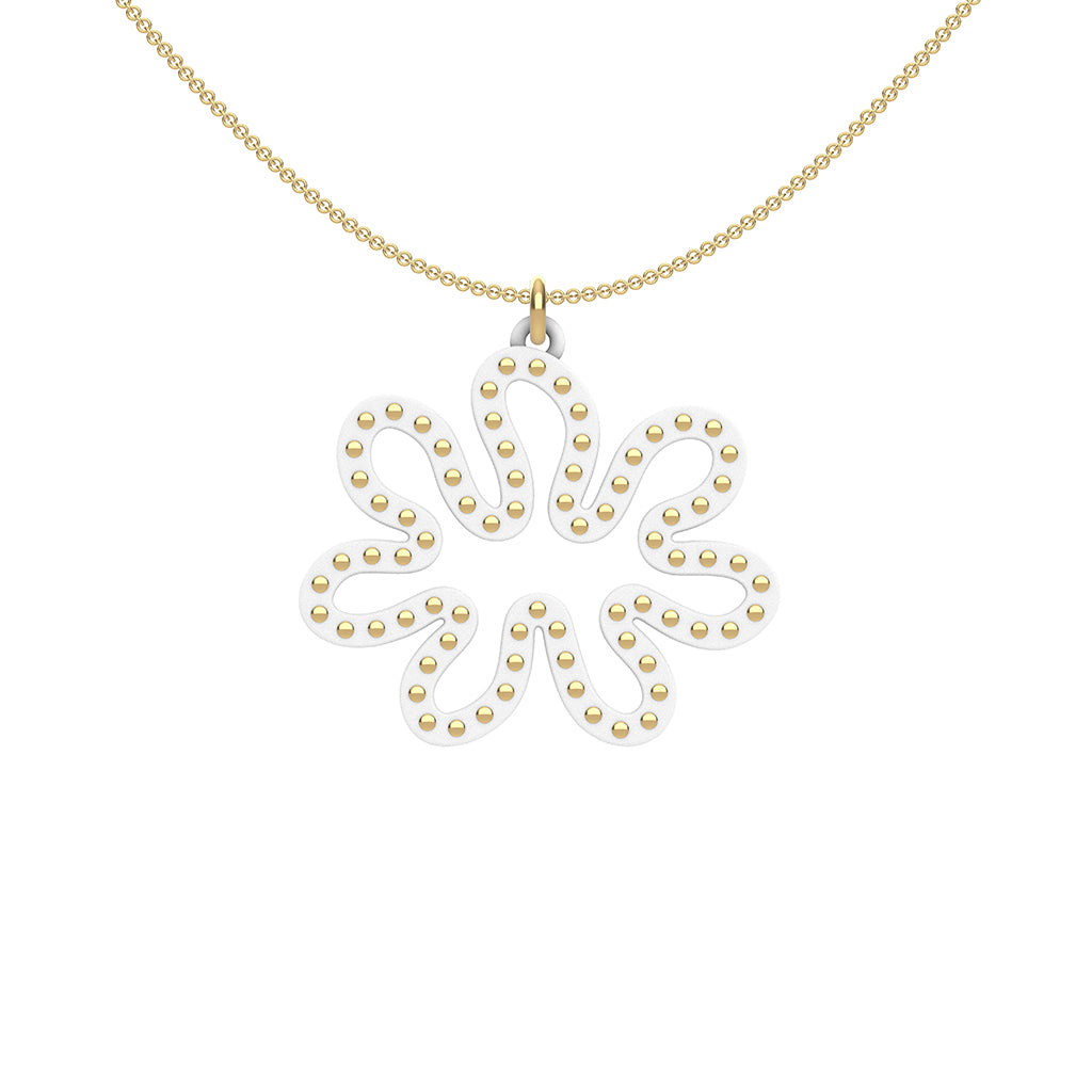 MATISSE.cutout  CORAL pendant  STYLE:  3 , oriented horizontally with 14/20 goldfill studs along shape  COLOR:   white    MATERIAL:  3D printed Nylon  ARTIST:  Ree Gallagher, USA