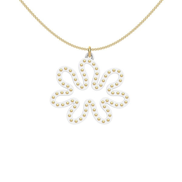 MATISSE.cutout  CORAL pendant  STYLE:  3 , oriented horizontally with 14/20 goldfill studs along shape  COLOR:   white    MATERIAL:  3D printed Nylon  ARTIST:  Ree Gallagher, USA