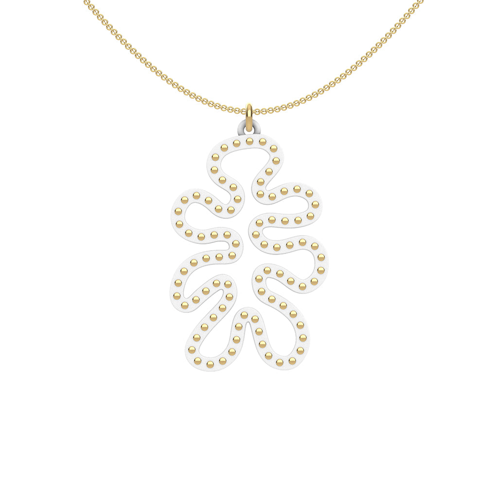MATISSE.cutout  CORAL pendant  STYLE:  4 , funky vertical shape  with 14/20 goldfill studs along shape  COLOR:   white    MATERIAL:  3D printed Nylon  ARTIST:  Ree Gallagher, USA