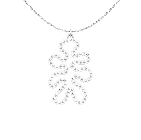 MATISSE.cutout  CORAL pendant  STYLE:  4 , funky vertical shape  with sterling  studs along shape  COLOR:   white    MATERIAL:  3D printed Nylon  ARTIST:  Ree Gallagher, USA