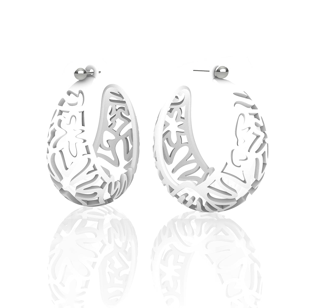 MATISSE inspired WHITE CORAL CUTOUT HOOP earrings.  1.625 inch diameter.  Material:  Nylon   Posts:  sterling or 14/20 goldfill