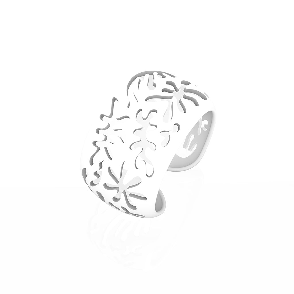 CORAL cutout CUFF bracelet inspired by artist Henri Matisse.  Color is  WHITE.  Measures 1.5 inches wide.  ONE SIZE fits most .  Made of lightweight nylon