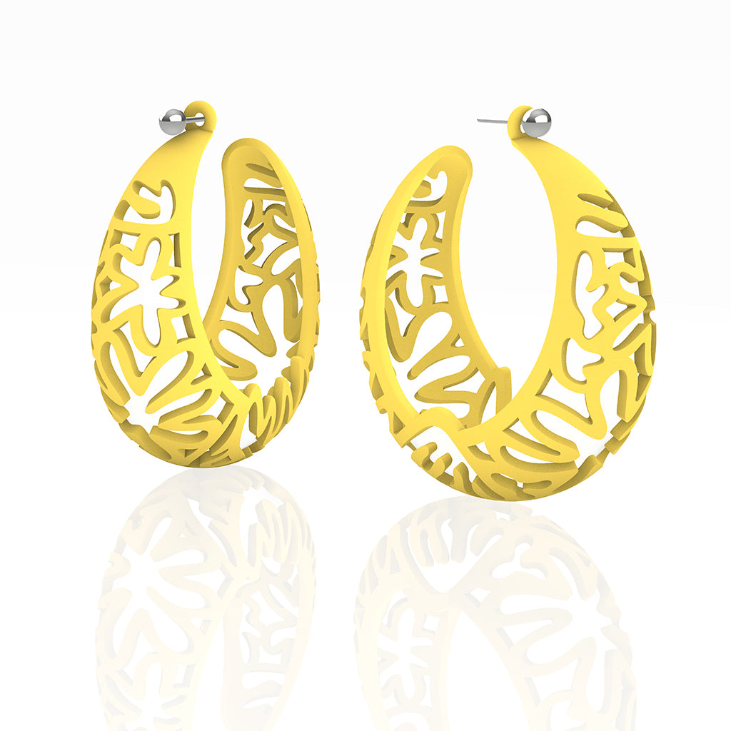 MATISSE inspired YELLOW CORAL CUTOUT HOOP earrings.  XL 2.125  inch diameter.  Material:  Nylon   Posts:  sterling or 14/20 goldfill
