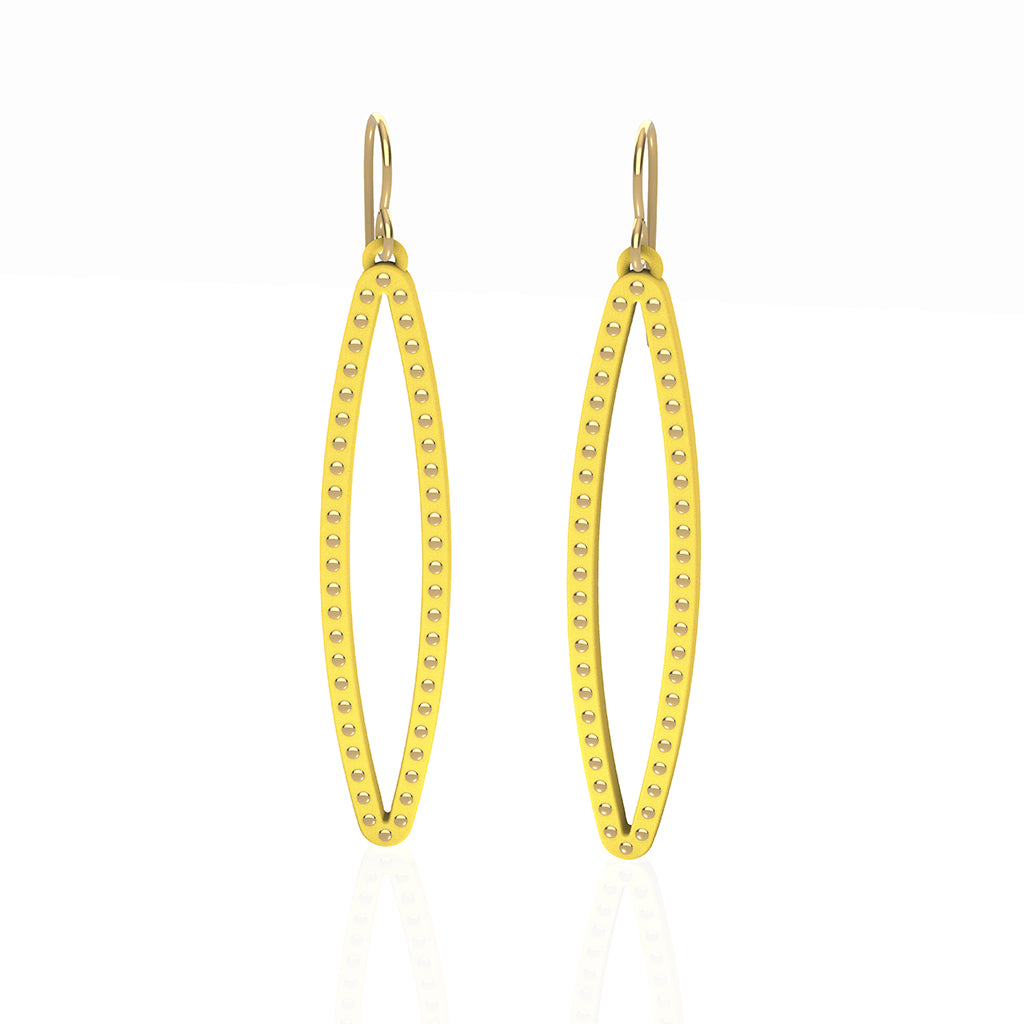OVAL earrings  SIZE:  MEDIUM ( 2inches long)  with  14/20  goldfill  studs along shape  COLOR:  yellow  MATERIAL: 3D printed Nylon  ARTIST: Ree Gallagher, USA