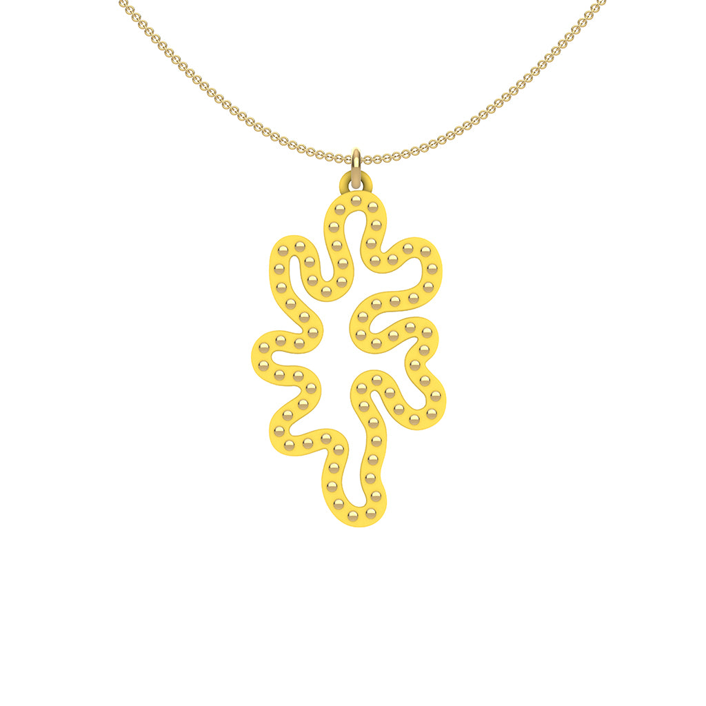 MATISSE.cutout  CORAL pendant  STYLE:  1  with 14/20 goldfill studs along shape  COLOR:  white   MATERIAL:  3D printed Nylon  ARTIST:  Ree Gallagher