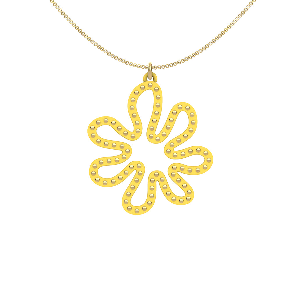 MATISSE.cutout  CORAL pendant  STYLE:  2  with 14/20 goldfill studs along shape  COLOR:  yellow    MATERIAL:  3D printed Nylon  ARTIST:  Ree Gallagher, USA