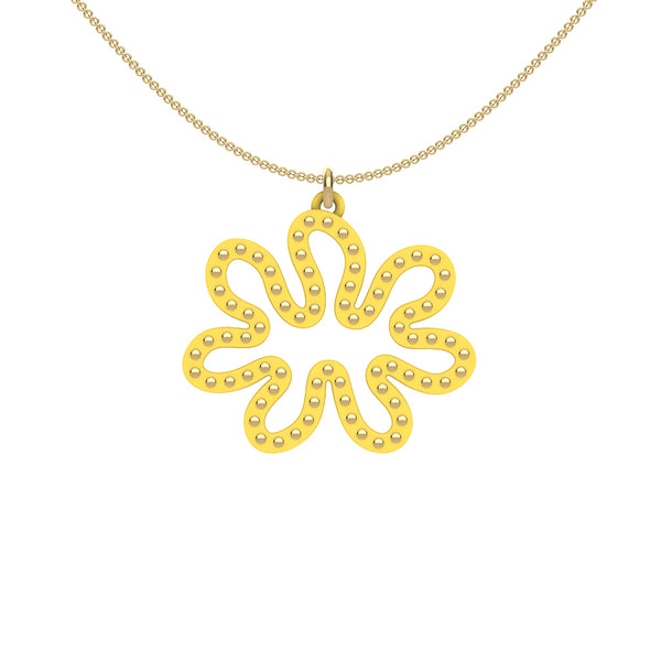 MATISSE.cutout  CORAL pendant  STYLE:  3 , oriented horizontally with 14/20 goldfill studs along shape  COLOR:   yellow    MATERIAL:  3D printed Nylon  ARTIST:  Ree Gallagher, USA