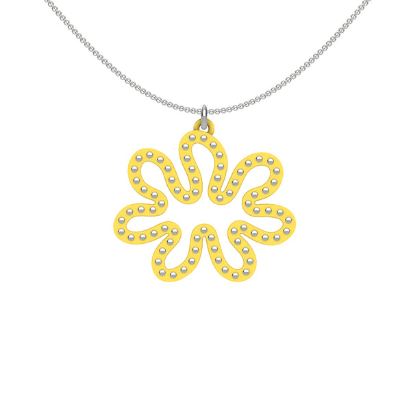MATISSE.cutout  CORAL pendant  STYLE:  3 , oriented horizontally with sterling  studs along shape  COLOR:   yellow    MATERIAL:  3D printed Nylon  ARTIST:  Ree Gallagher, USA