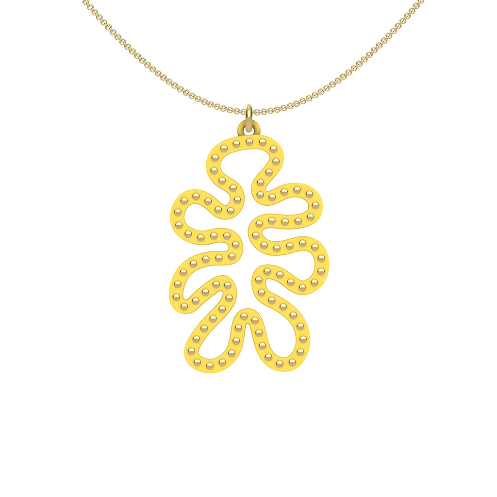 MATISSE.cutout  CORAL pendant  STYLE:  4 , funky vertical shape  with 14/20 goldfill studs along shape  COLOR:   yellow    MATERIAL:  3D printed Nylon  ARTIST:  Ree Gallagher, USA