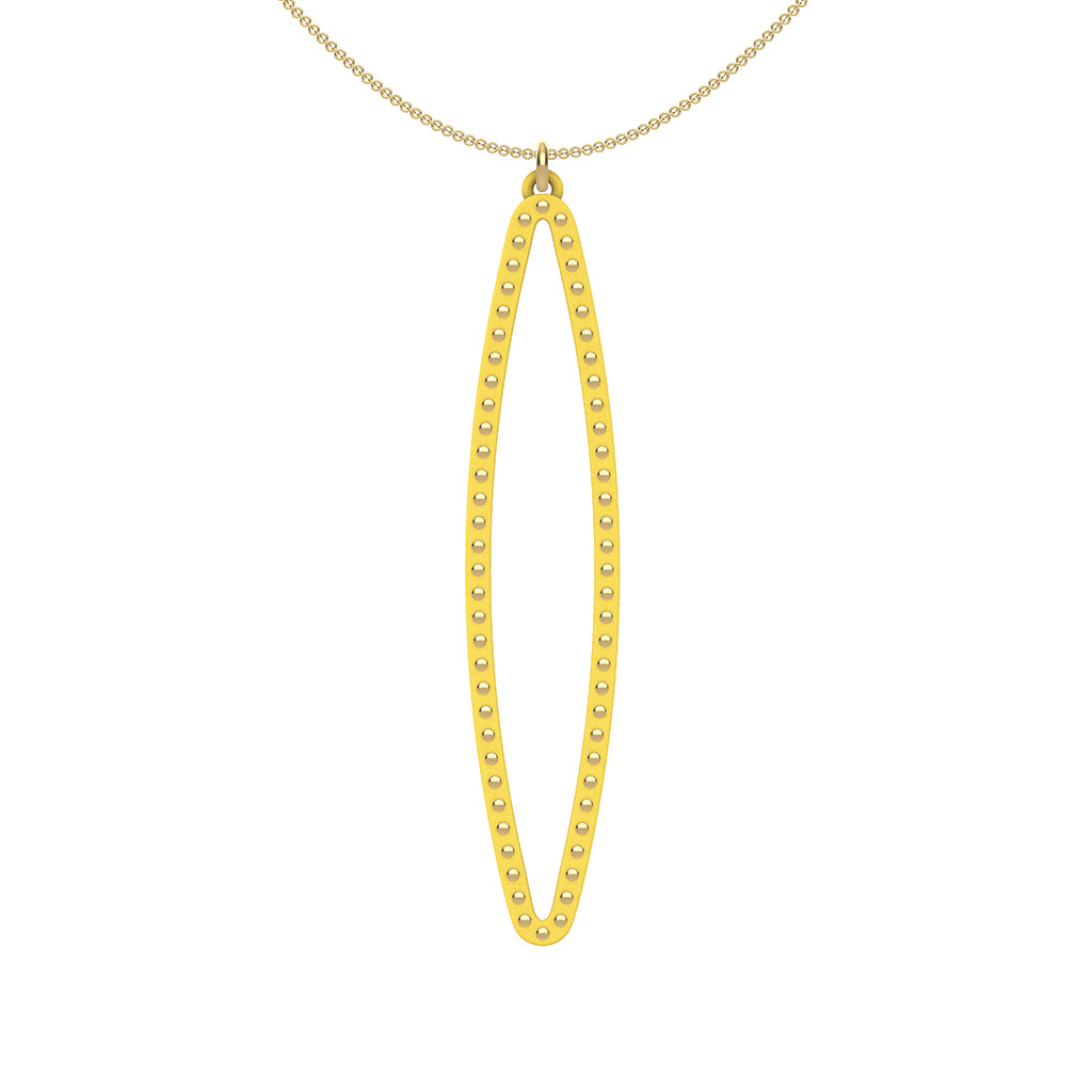 OVAL pendant  LARGE  ( 2.75 inches long)  with  14/20  Goldfill  studs along shape  COLOR: yellow  MATERIAL: 3D printed Nylon  ARTIST: Ree Gallagher, USA