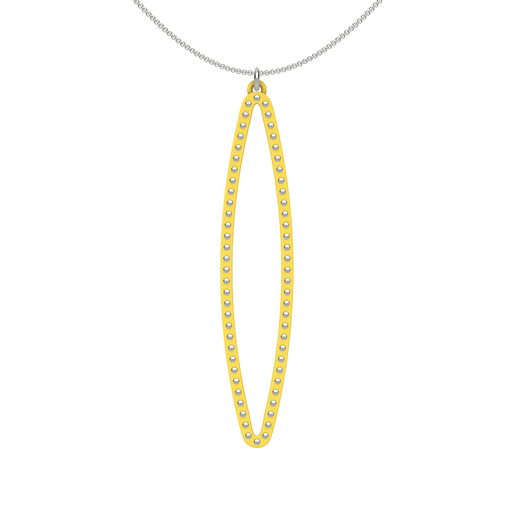 OVAL pendant  LARGE  ( 2.75 inches long)  with  sterling silver  studs along shape  COLOR: yellow   MATERIAL: 3D printed Nylon  ARTIST: Ree Gallagher, USA