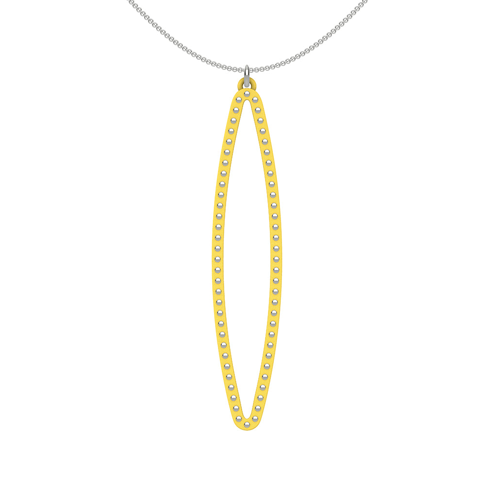 OVAL pendant  LARGE  ( 2.75 inches long)  with  sterling silver  studs along shape  COLOR: yellow   MATERIAL: 3D printed Nylon  ARTIST: Ree Gallagher, USA