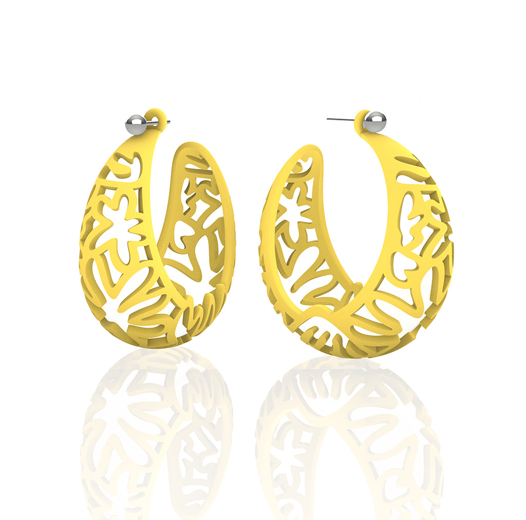MATISSE inspired YELLOW  CORAL CUTOUT HOOP earrings.  1.625 inch diameter.  Material:  Nylon   Posts:  sterling or 14/20 goldfill