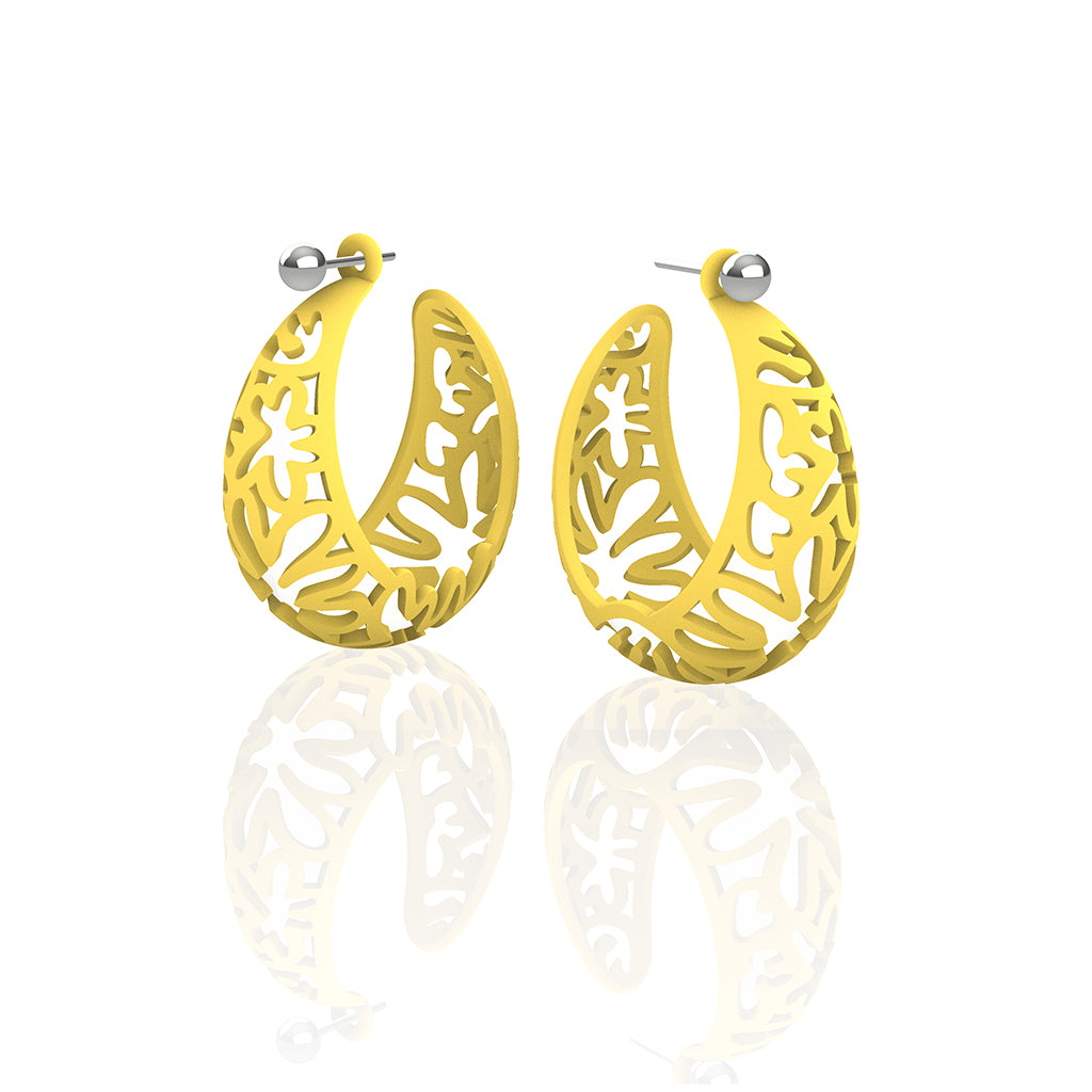 MATISSE inspired  YELLOW,  CORAL CUTOUT HOOP earrings.  SIZE:  MED, 1.25 inch diameter.  Material:  Nylon   Posts:  sterling or 14/20 goldfill, ARTIST:  Ree Gallagher