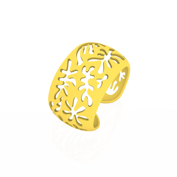 CORAL cutout CUFF bracelet inspired by artist Henri Matisse.  Color is  YELLOW.  Measures 1.5 inches wide.  ONE SIZE fits most .  Made of lightweight nylon