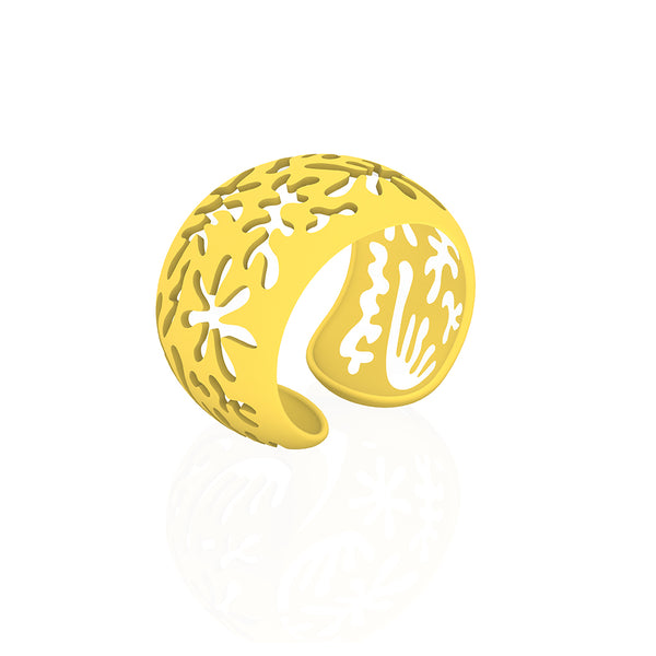 CORAL cutout CUFF bracelet inspired by artist Henri Matisse.  Color is  YELLOW.  Measures 1.5 inches wide.  ONE SIZE fits most .  Made of lightweight nylon